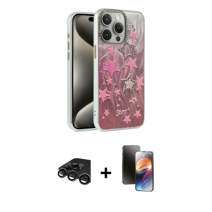 MARSİLYAN™- iPhone 15 Pro Kılıf Zirve Modern Prime - Siyah 3D Antistatik Mat Seramik Nano Ekran Koruyucu + Raze Metal Kamera Lens - TMGI