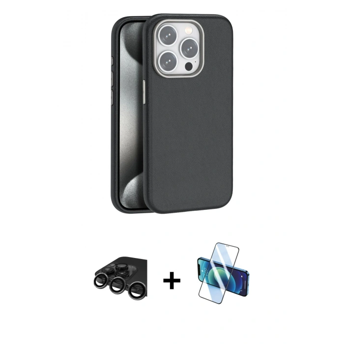 MARSİLYAN™- iPhone 15 Pro Kılıf Zirve Modern Prime - Siyah 3D Antistatik Seramik Nano Ekran Koruyucu + Raze Metal Kamera Lens - TMGI