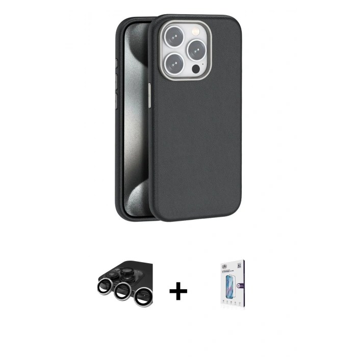 MARSİLYAN™- iPhone 15 Pro Kılıf Zirve Modern Prime - Siyah Bilvis 0.18mm Plus Cam Ekran Koruyucu + Raze Metal Kamera Lens - GS