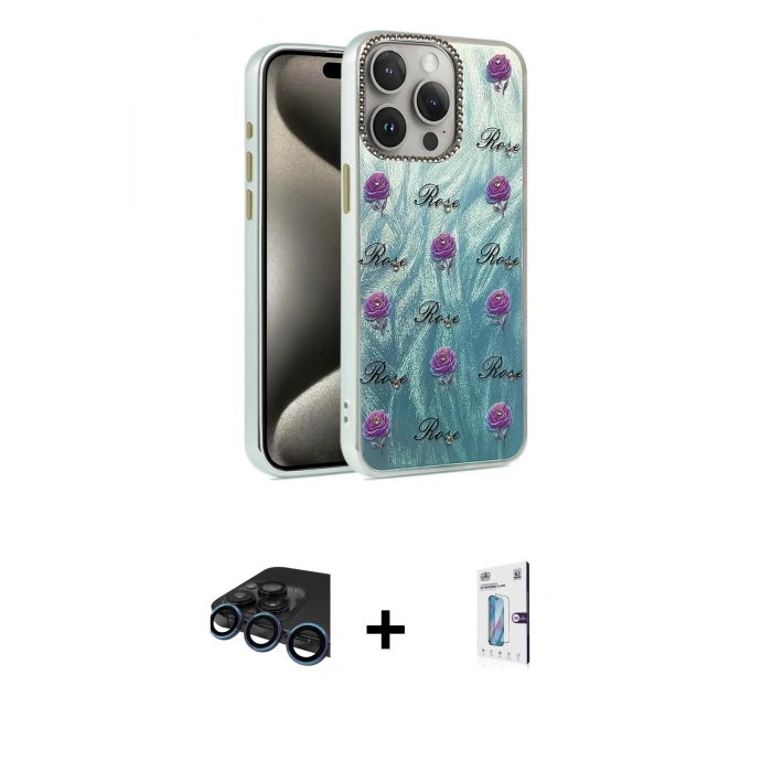 MARSİLYAN™- iPhone 15 Pro Kılıf Zirve Modern Prime - Siyah Bilvis 0.18mm Plus Cam Ekran Koruyucu + Raze Metal Kamera Lens - LT