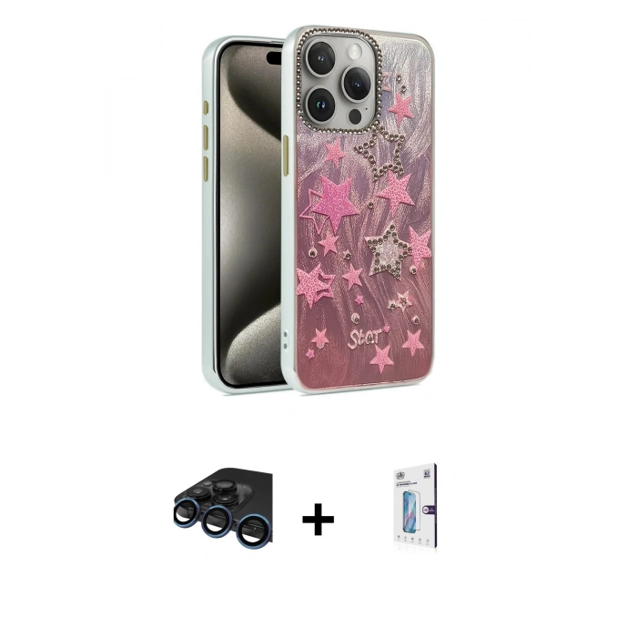 MARSİLYAN™- iPhone 15 Pro Kılıf Zirve Modern Prime - Siyah Bilvis 0.18mm Plus Cam Ekran Koruyucu + Raze Metal Kamera Lens - LT