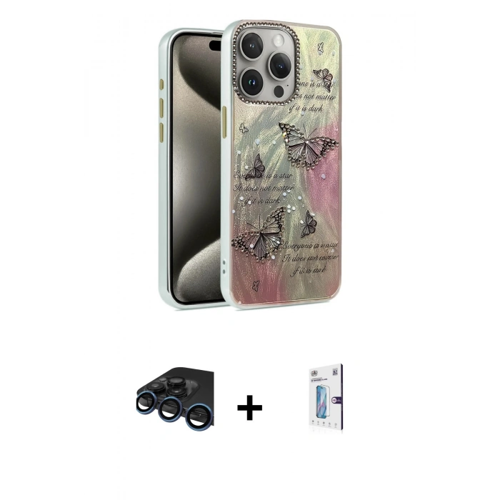 MARSİLYAN™- iPhone 15 Pro Kılıf Zirve Modern Prime - Siyah Bilvis 0.18mm Plus Cam Ekran Koruyucu + Raze Metal Kamera Lens - LT