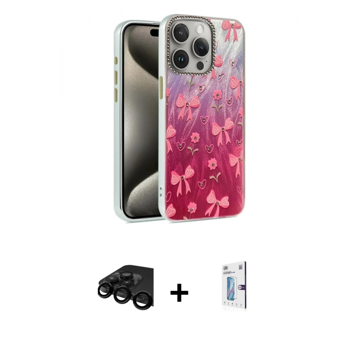 MARSİLYAN™- iPhone 15 Pro Kılıf Zirve Modern Prime - Siyah Bilvis 0.18mm Plus Cam Ekran Koruyucu + Raze Metal Kamera Lens - SH