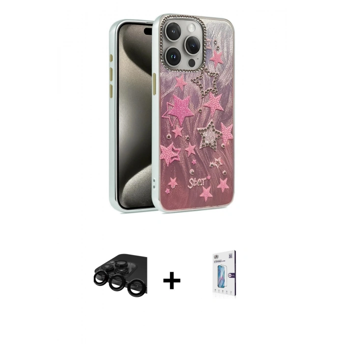 MARSİLYAN™- iPhone 15 Pro Kılıf Zirve Modern Prime - Siyah Bilvis 0.18mm Plus Cam Ekran Koruyucu + Raze Metal Kamera Lens - SH