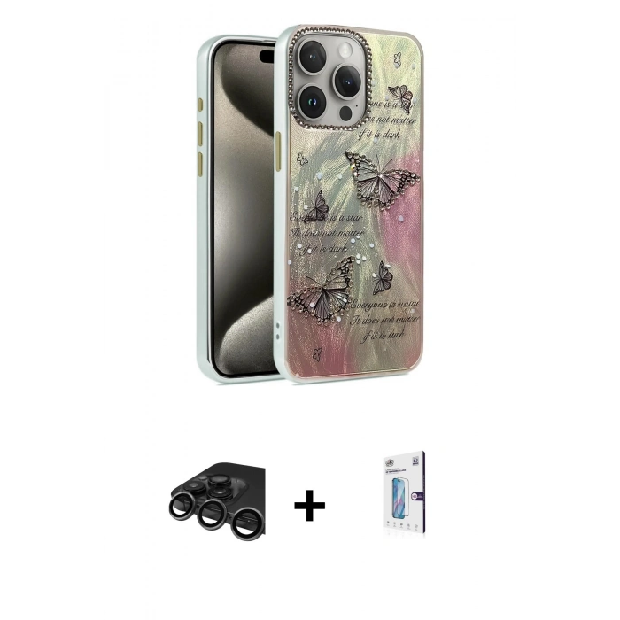 MARSİLYAN™- iPhone 15 Pro Kılıf Zirve Modern Prime - Siyah Bilvis 0.18mm Plus Cam Ekran Koruyucu + Raze Metal Kamera Lens - TMGI