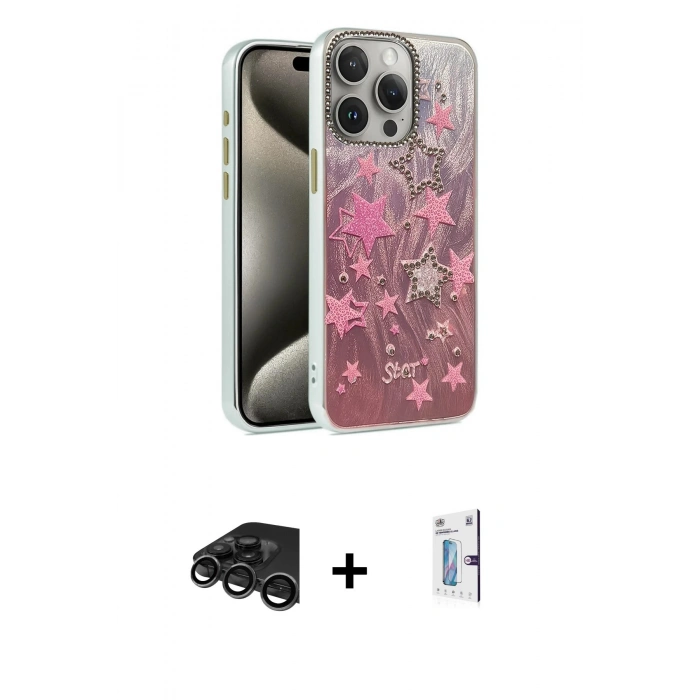 MARSİLYAN™- iPhone 15 Pro Kılıf Zirve Modern Prime - Siyah Bilvis 0.18mm Plus Cam Ekran Koruyucu + Raze Metal Kamera Lens - TMGI
