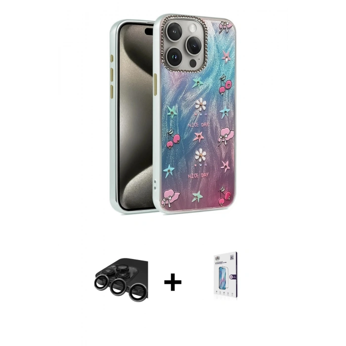 MARSİLYAN™- iPhone 15 Pro Kılıf Zirve Modern Prime - Siyah Bilvis 0.18mm Plus Cam Ekran Koruyucu + Raze Metal Kamera Lens - TMGI