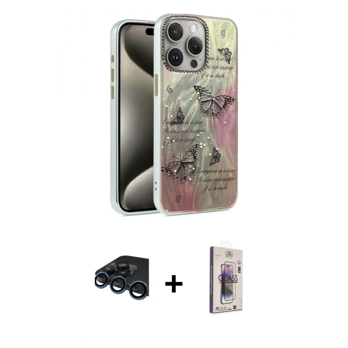 MARSİLYAN™- iPhone 15 Pro Kılıf Zirve Modern Prime - Siyah Bilvis 3D Cam Ekran Koruyucu + Raze Metal Kamera Lens - LT