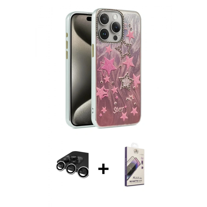 MARSİLYAN™- iPhone 15 Pro Kılıf Zirve Modern Prime - Siyah Bilvis 3D Mat Cam Ekran Koruyucu + Raze Metal Kamera Lens - GS