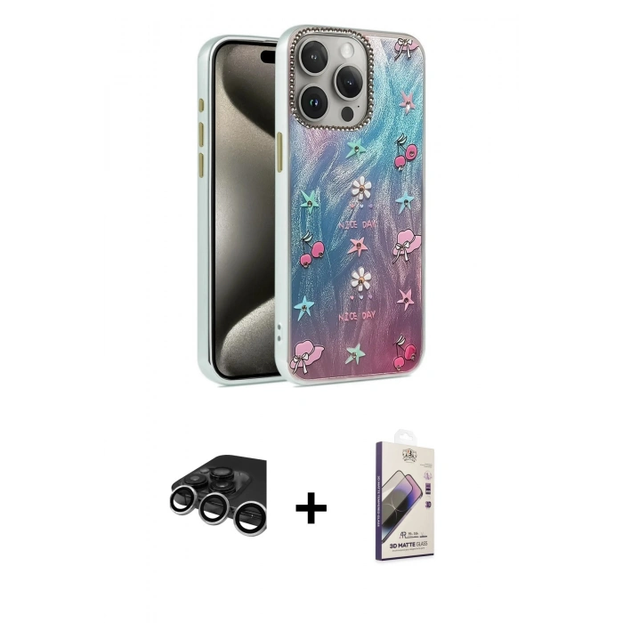 MARSİLYAN™- iPhone 15 Pro Kılıf Zirve Modern Prime - Siyah Bilvis 3D Mat Cam Ekran Koruyucu + Raze Metal Kamera Lens - GS