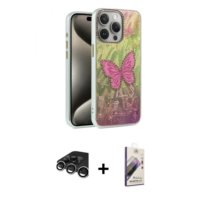 MARSİLYAN™- iPhone 15 Pro Kılıf Zirve Modern Prime - Siyah Bilvis 3D Mat Cam Ekran Koruyucu + Raze Metal Kamera Lens - GS