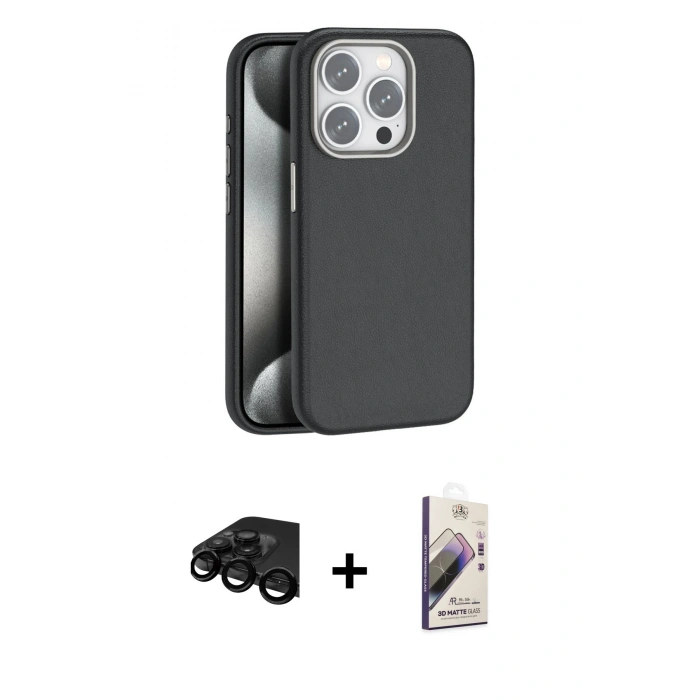 MARSİLYAN™- iPhone 15 Pro Kılıf Zirve Modern Prime - Siyah Bilvis 3D Mat Cam Ekran Koruyucu + Raze Metal Kamera Lens - SH