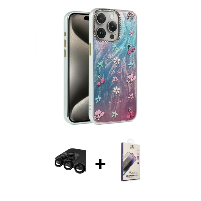 MARSİLYAN™- iPhone 15 Pro Kılıf Zirve Modern Prime - Siyah Bilvis 3D Mat Cam Ekran Koruyucu + Raze Metal Kamera Lens - SH