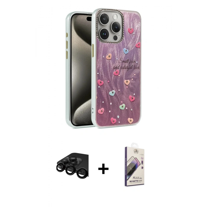 MARSİLYAN™- iPhone 15 Pro Kılıf Zirve Modern Prime - Siyah Bilvis 3D Mat Cam Ekran Koruyucu + Raze Metal Kamera Lens - SH