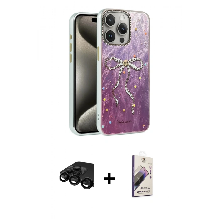 MARSİLYAN™- iPhone 15 Pro Kılıf Zirve Modern Prime - Siyah Bilvis 3D Mat Cam Ekran Koruyucu + Raze Metal Kamera Lens - SH