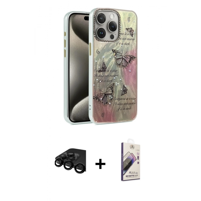 MARSİLYAN™- iPhone 15 Pro Kılıf Zirve Modern Prime - Siyah Bilvis 3D Mat Cam Ekran Koruyucu + Raze Metal Kamera Lens - SH