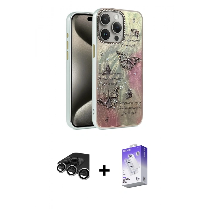 MARSİLYAN™- iPhone 15 Pro Kılıf Zirve Modern Prime - Siyah Bilvis 5in1 3D Magic Cam Ekran Koruyucu + Raze Metal Kamera Lens - GS