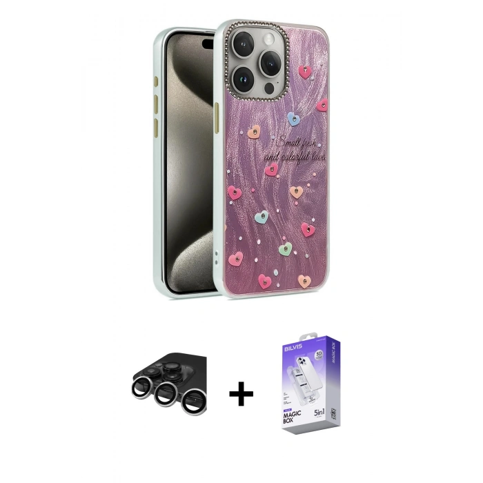 MARSİLYAN™- iPhone 15 Pro Kılıf Zirve Modern Prime - Siyah Bilvis 5in1 3D Magic Cam Ekran Koruyucu + Raze Metal Kamera Lens - GS