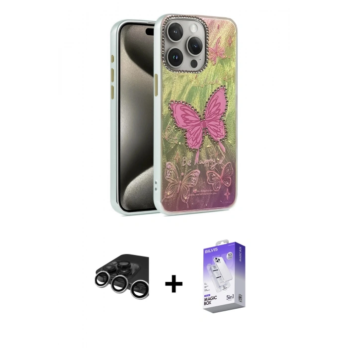 MARSİLYAN™- iPhone 15 Pro Kılıf Zirve Modern Prime - Siyah Bilvis 5in1 3D Magic Cam Ekran Koruyucu + Raze Metal Kamera Lens - GS