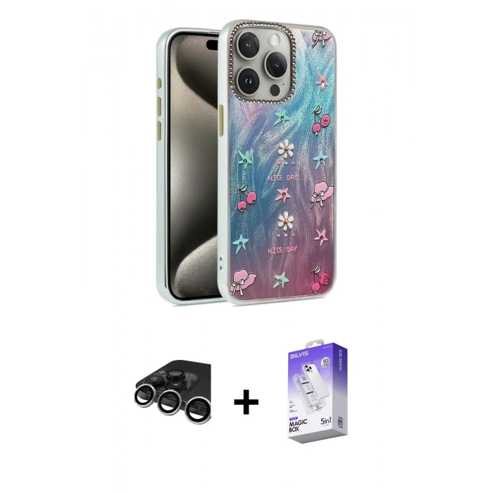 MARSİLYAN™- iPhone 15 Pro Kılıf Zirve Modern Prime - Siyah Bilvis 5in1 3D Magic Cam Ekran Koruyucu + Raze Metal Kamera Lens - GS