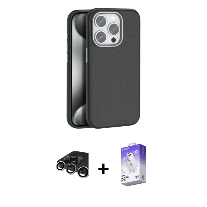 MARSİLYAN™- iPhone 15 Pro Kılıf Zirve Modern Prime - Siyah Bilvis 5in1 3D Magic Cam Ekran Koruyucu + Raze Metal Kamera Lens - GS