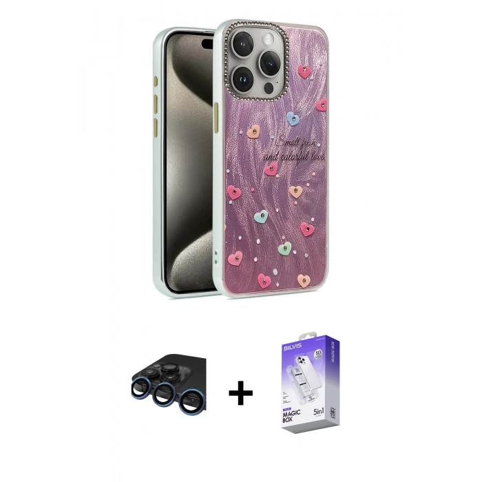 MARSİLYAN™- iPhone 15 Pro Kılıf Zirve Modern Prime - Siyah Bilvis 5in1 3D Magic Cam Ekran Koruyucu + Raze Metal Kamera Lens - LT