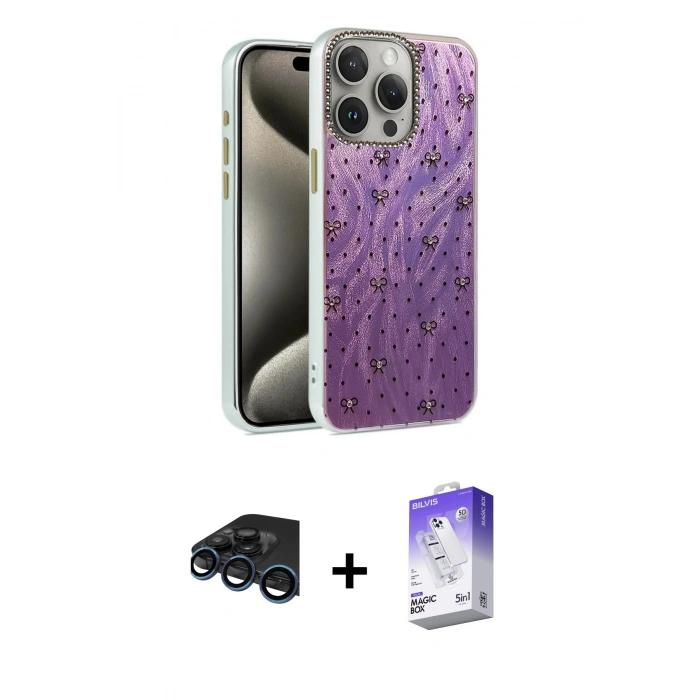 MARSİLYAN™- iPhone 15 Pro Kılıf Zirve Modern Prime - Siyah Bilvis 5in1 3D Magic Cam Ekran Koruyucu + Raze Metal Kamera Lens - LT