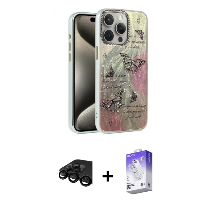 MARSİLYAN™- iPhone 15 Pro Kılıf Zirve Modern Prime - Siyah Bilvis 5in1 3D Magic Cam Ekran Koruyucu + Siyah Raze Metal Kamera Lens