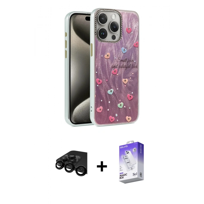 MARSİLYAN™- iPhone 15 Pro Kılıf Zirve Modern Prime - Siyah Bilvis 5in1 3D Magic Cam Ekran Koruyucu + Siyah Raze Metal Kamera Lens
