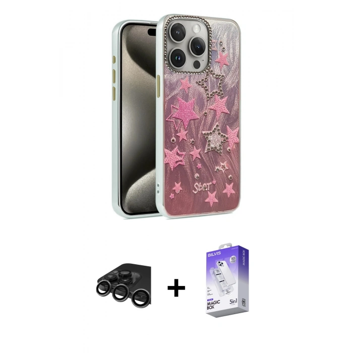 MARSİLYAN™- iPhone 15 Pro Kılıf Zirve Modern Prime - Siyah Bilvis 5in1 3D Magic Cam Ekran Koruyucu + Raze Metal Kamera Lens - TMGI