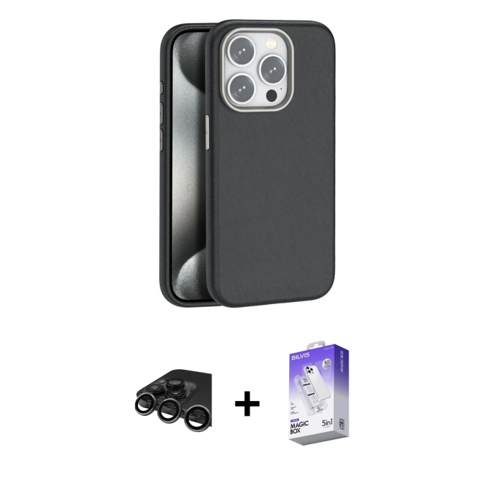 MARSİLYAN™- iPhone 15 Pro Kılıf Zirve Modern Prime - Siyah Bilvis 5in1 3D Magic Cam Ekran Koruyucu + Raze Metal Kamera Lens - TMGI