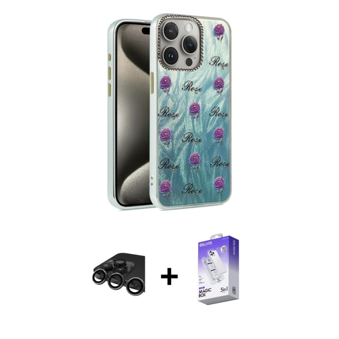 MARSİLYAN™- iPhone 15 Pro Kılıf Zirve Modern Prime - Siyah Bilvis 5in1 3D Magic Cam Ekran Koruyucu + Raze Metal Kamera Lens - TMGI