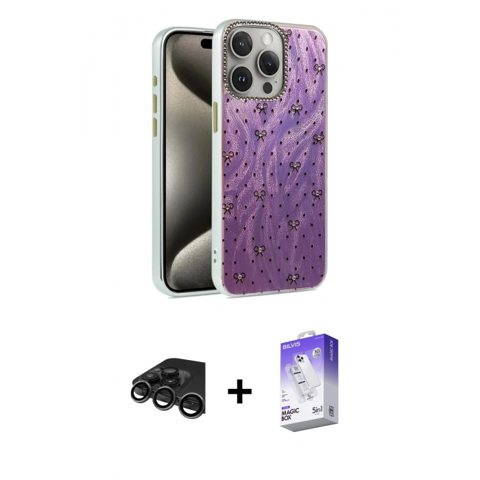MARSİLYAN™- iPhone 15 Pro Kılıf Zirve Modern Prime - Siyah Bilvis 5in1 3D Magic Cam Ekran Koruyucu + Raze Metal Kamera Lens - TMGI
