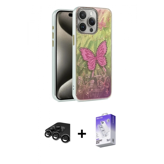 MARSİLYAN™- iPhone 15 Pro Kılıf Zirve Modern Prime - Siyah Bilvis 5in1 3D Magic Cam Ekran Koruyucu + Raze Metal Kamera Lens - TMGI