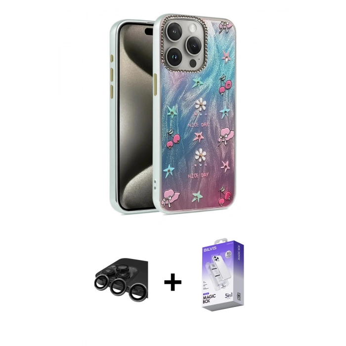 MARSİLYAN™- iPhone 15 Pro Kılıf Zirve Modern Prime - Siyah Bilvis 5in1 3D Magic Cam Ekran Koruyucu + Raze Metal Kamera Lens - TMGI