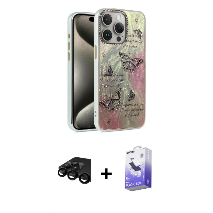 MARSİLYAN™- iPhone 15 Pro Kılıf Zirve Modern Prime - Siyah Bilvis 5in1 5D Magic Hayalet Cam Ekran Koruyucu + Raze Metal Kamera Lens - SH
