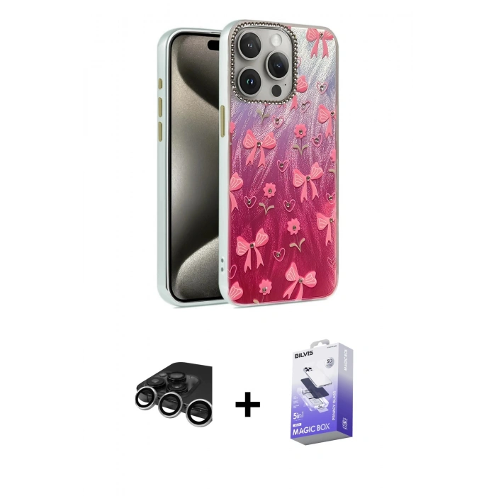 MARSİLYAN™- iPhone 15 Pro Kılıf Zirve Modern Prime - Siyah Bilvis 5in1 5D Magic Hayalet Cam Ekran Koruyucu + Raze Metal Kamera Lens - GS