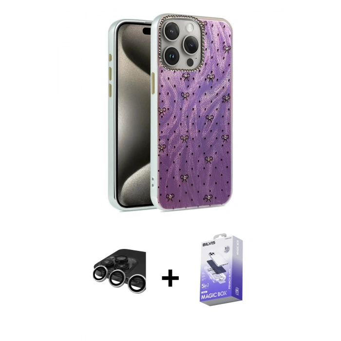 MARSİLYAN™- iPhone 15 Pro Kılıf Zirve Modern Prime - Siyah Bilvis 5in1 5D Magic Hayalet Cam Ekran Koruyucu + Raze Metal Kamera Lens - GS