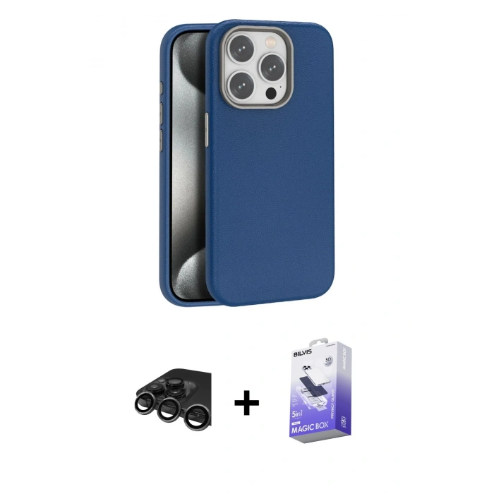 MARSİLYAN™- iPhone 15 Pro Kılıf Zirve Modern Prime - Siyah Bilvis 5in1 5D Magic Hayalet Cam Ekran Koruyucu + Titanyum Gri Raze Metal Kamera Lens