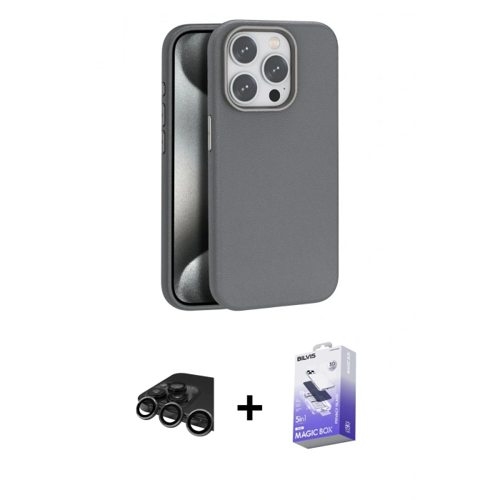 MARSİLYAN™- iPhone 15 Pro Kılıf Zirve Modern Prime - Siyah Bilvis 5in1 5D Magic Hayalet Cam Ekran Koruyucu + Titanyum Gri Raze Metal Kamera Lens