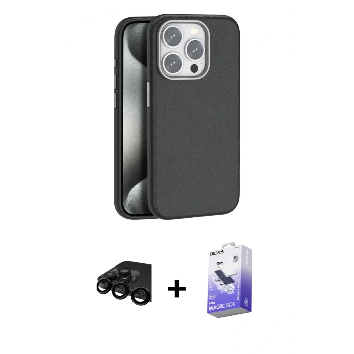 MARSİLYAN™- iPhone 15 Pro Kılıf Zirve Modern Prime - Siyah Bilvis 5in1 5D Magic Hayalet Cam Ekran Koruyucu + Siyah Raze Metal Kamera Lens