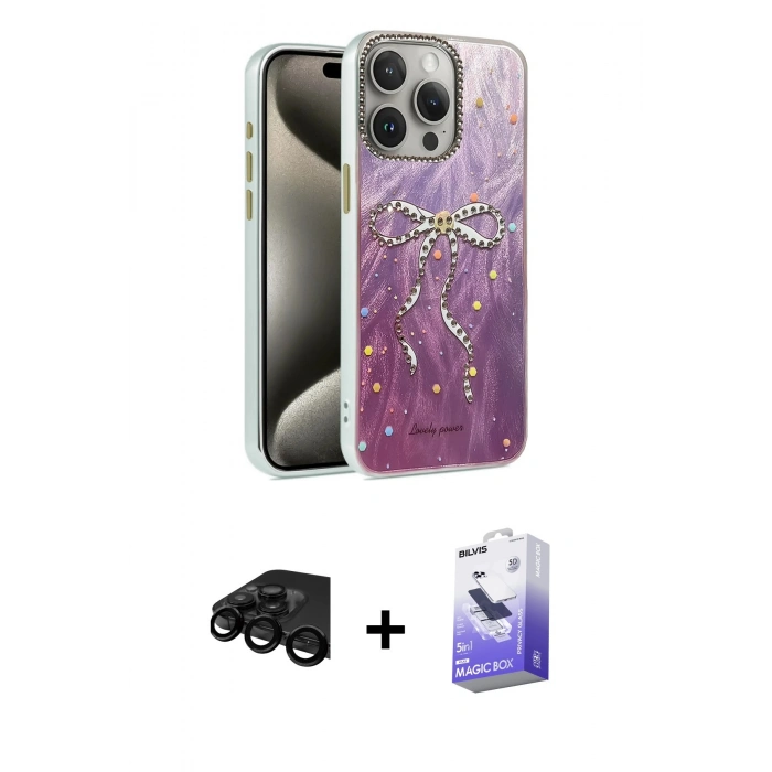 MARSİLYAN™- iPhone 15 Pro Kılıf Zirve Modern Prime - Siyah Bilvis 5in1 5D Magic Hayalet Cam Ekran Koruyucu + Raze Metal Kamera Lens - SH