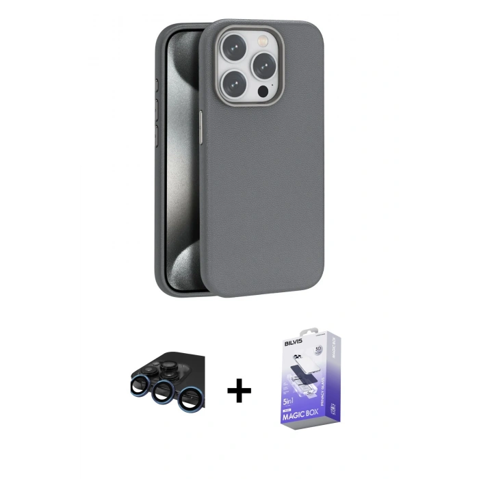 MARSİLYAN™- iPhone 15 Pro Kılıf Zirve Modern Prime - Siyah Bilvis 5in1 5D Magic Hayalet Cam Ekran Koruyucu + Raze Metal Kamera Lens - LT