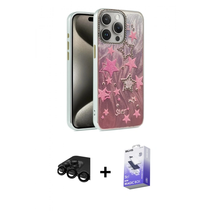 MARSİLYAN™- iPhone 15 Pro Kılıf Zirve Modern Prime - Siyah Bilvis 5in1 5D Magic Hayalet Cam Ekran Koruyucu + Raze Metal Kamera Lens - SH