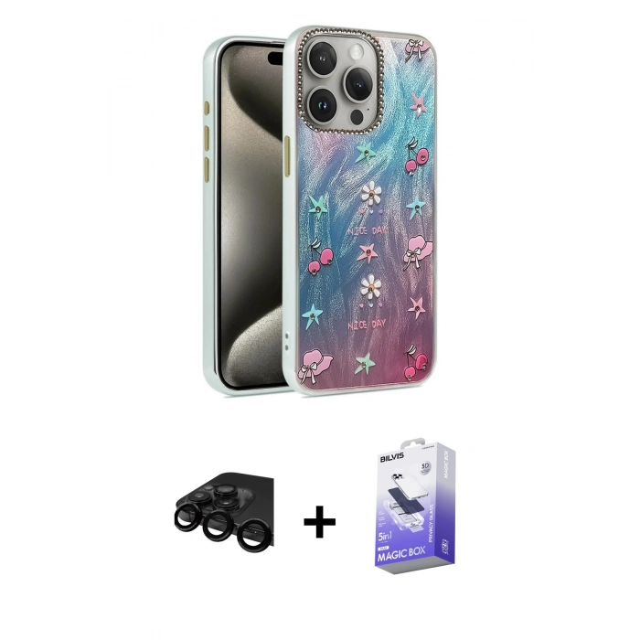 MARSİLYAN™- iPhone 15 Pro Kılıf Zirve Modern Prime - Siyah Bilvis 5in1 5D Magic Hayalet Cam Ekran Koruyucu + Raze Metal Kamera Lens - SH
