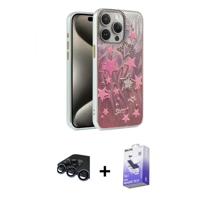 MARSİLYAN™- iPhone 15 Pro Kılıf Zirve Modern Prime - Siyah Bilvis 5in1 5D Magic Hayalet Cam Ekran Koruyucu + Raze Metal Kamera Lens - LT