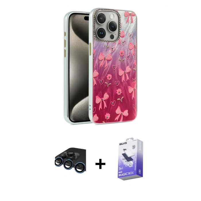 MARSİLYAN™- iPhone 15 Pro Kılıf Zirve Modern Prime - Siyah Bilvis 5in1 5D Magic Hayalet Cam Ekran Koruyucu + Raze Metal Kamera Lens - LT