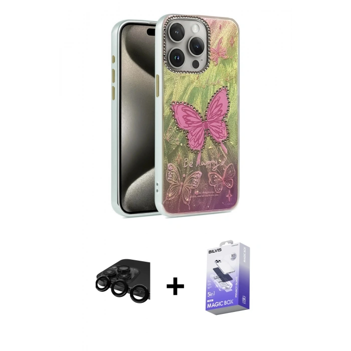 MARSİLYAN™- iPhone 15 Pro Kılıf Zirve Modern Prime - Siyah Bilvis 5in1 5D Magic Hayalet Cam Ekran Koruyucu + Raze Metal Kamera Lens - SH