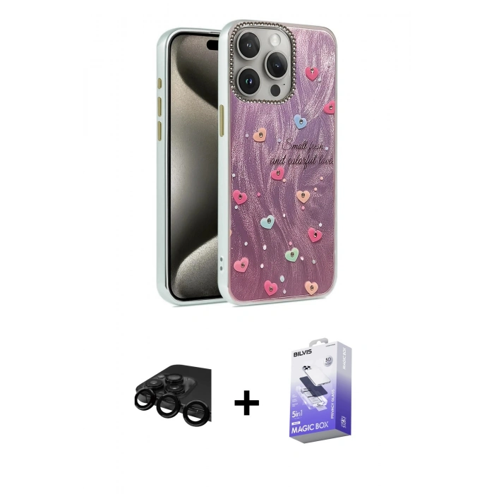 MARSİLYAN™- iPhone 15 Pro Kılıf Zirve Modern Prime - Siyah Bilvis 5in1 5D Magic Hayalet Cam Ekran Koruyucu + Raze Metal Kamera Lens - SH