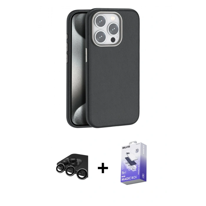 MARSİLYAN™- iPhone 15 Pro Kılıf Zirve Modern Prime - Siyah Bilvis 5in1 5D Magic Hayalet Cam Ekran Koruyucu + Raze Metal Kamera Lens - TMGI